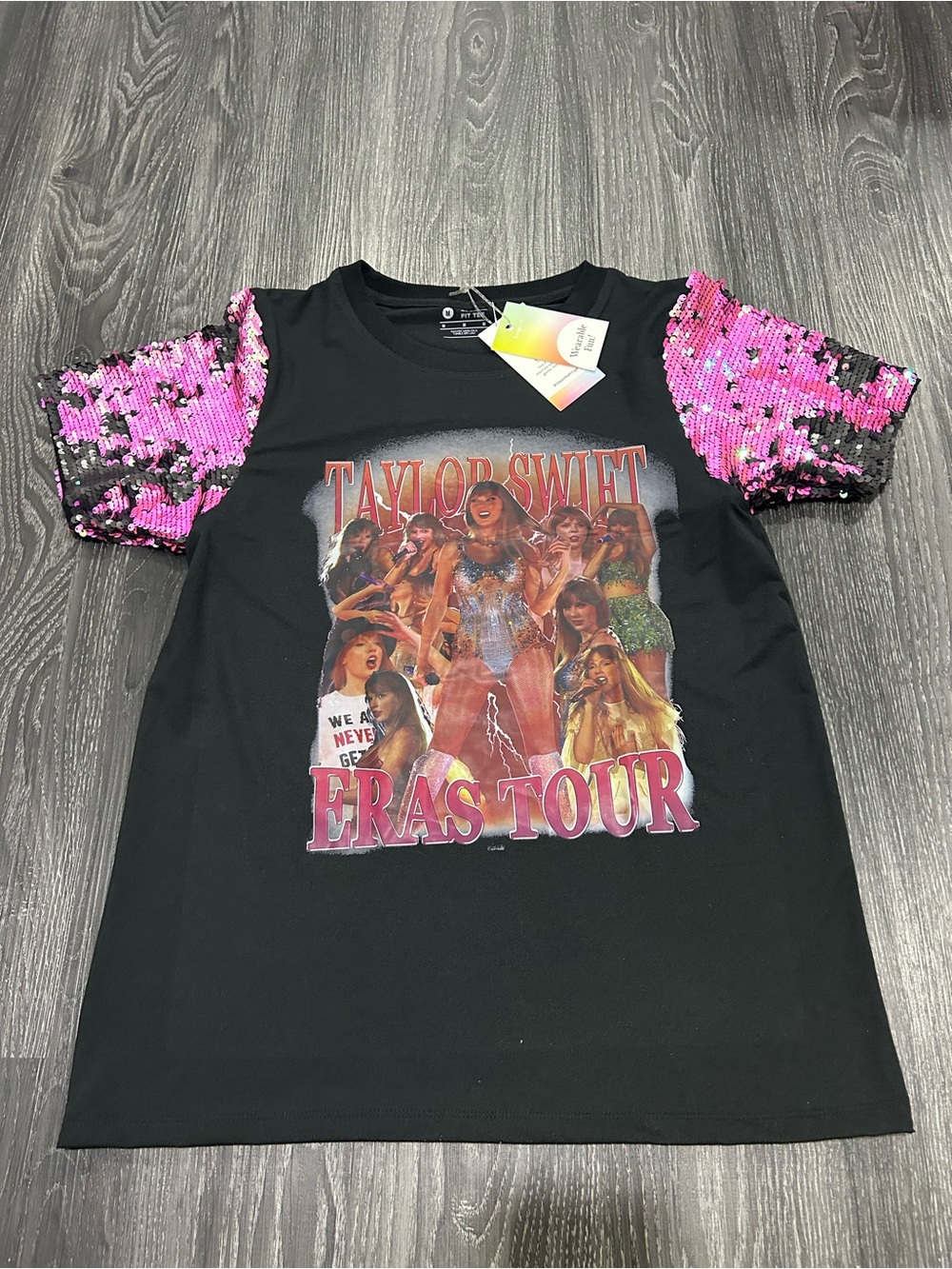 NWT Taylor Swift Eras Tour  Sequin Sleeve Tee Black & Pink Size Medium MSRP $90